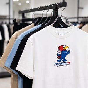May include: A white short-sleeved t-shirt featuring a colorful graphic of a cartoon rooster holding a soccer ball with the text FRANCE 98 WORLD CUP. The shirt is displayed on a black hanger alongside other t-shirts in tan, blue, and black.