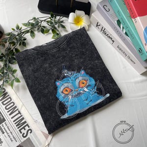 Embroidered Tiger and Bird Washed Washed Shirt, Demon Hunter Tee, KPOP Band Huntrix Fan Shirt, Funny Derpy Tiger, Saja Girls, Gift for Him