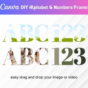 Może przedstawiać: Ramka z alfabetem i liczbami Canva DIY. Szablon projektu graficznego z literami ABC i liczbami 123. Litery i liczby są obwiedzione na biało i mają zielone tło z niebieskim niebem i białymi chmurami w środku. Litery i liczby są również pokazane ze zdjęciem rodziny w środku.