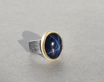 Natural Navy Star Sapphire Ring. Sterling Silver with Gold Bezel. Handmade Designer Ring. OOAK Jewelry. Size 9