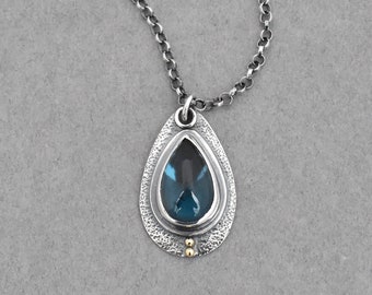 London Blue Topaz Necklace. Classic Teardrop Gemstone Necklace. Textured Sterling Silver. Something Blue. Gift for Her.