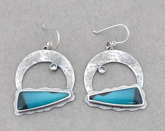 Vibrant Blue Chrysocolla Earrings. Modern Rustic Stone Crescent Hoop Earrings. Wavy Textured Silver. Handmade OOAK Jewelry.