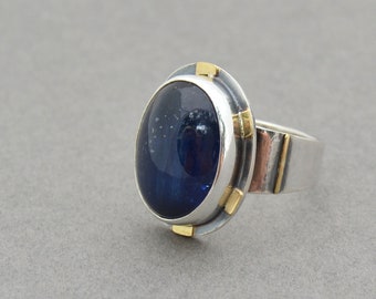 Kyanite Ring with Gold Detail. Chunky Kyanite Blue Gemstone Ring. Sun Rays Burst Design. Handmade Metalsmith Jewelry. Statement Ring. Size 9