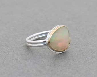 Ethiopian Opal Ring. Mixed Metal. Gold and Shiny Silver Timeless Ring. Future Heirloom. Fiery Opal Jewelry. Wedding Jewelry. Size 8.