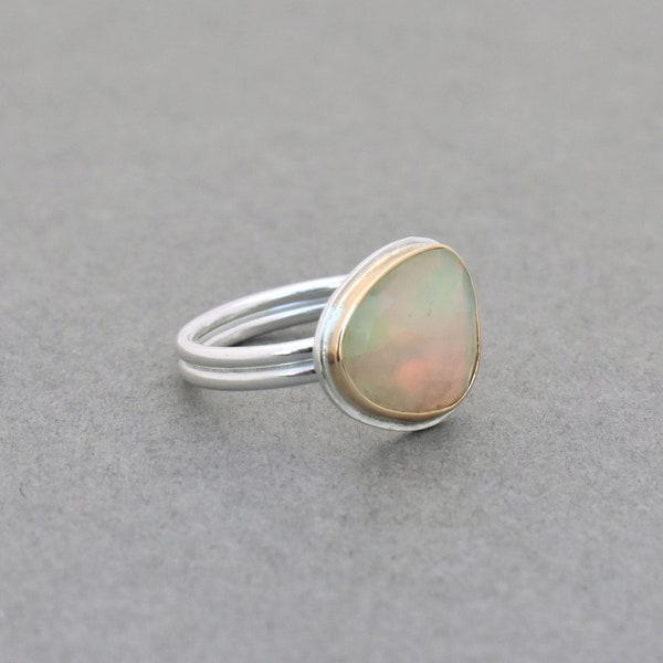Ethiopian Opal Ring. Mixed Metal. Gold and Shiny Silver Timeless Ring. Future Heirloom. Fiery Opal Jewelry. Wedding Jewelry. Size 8.