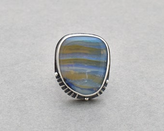 Chunky Boulder Opal Ring. Wavy Pattern Blue Green Opal and Sterling Silver. Unique Statement Ring. Artisan Jewelry. Size 8. Ripples.