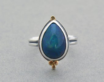 Blue Ethiopian Opal Ring with Gold. Welo Fire Opal. Flashy Blue Green Opal. Cocktail Ring. Handcrafted Heirloom Jewelry. Size 7