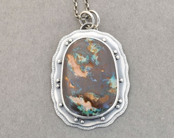 Boulder Opal Pendant. Iron Stone and Opal Necklace. Artisan Statement Jewelry. Textured Silver. One of a Kind Metalwork Necklace.