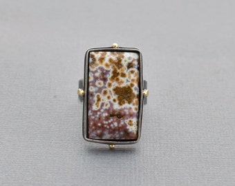 River Jasper Ring or Pendant. Made to Order. Mauve White Mustard Autumn Colors. Orb Like Ocean Jasper. Rectangle Jewelry with Gold Detail.
