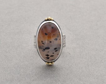 Montana Agate Ring. High Dome Timeless Montana Agate. Neutral Gemstone. Sterling Silver with Gold Accents. Future Heirloom. Size 7.5