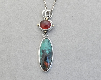 Hessonite Garnet and Sonoran Sunrise Pendant. Artisan Crafted Double Stone Drop Necklace. Unique Metalwork Pendant Necklace.