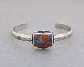 Boulder Opal Cuff Bracelet. Unique Textured Sterling Silver and Boulder Opal Bracelet. Timeless Eye Catching Everyday Artisan Jewelry.