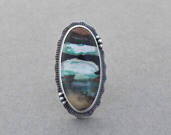 Opalized Wood Statement Ring. Wavy Waters Edge Artisan Ring. Handmade Stone and Sterling Silver Large Ring. Unique Jewelry. Size 8.