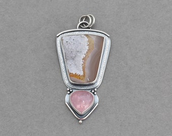 Agua Nueva Agate with Druzy and Morganite Pendant. Natural Double Stone Statement Necklace. Creamy Orange Pink Metalwork Jewelry. OOAK.