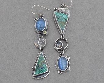 Azurite Malachite and Kyanite Long Dangle Earrings. Asymmetric Blue Green Mélange Earrings. Handmade One of a Kind Jewelry.
