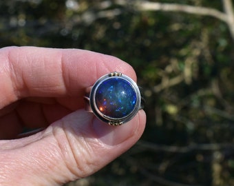 Fiery Opal Ring. Black Opal with Blue Green Flash. Classic Round Gemstone Ring. Unique Handmade Jewelry. Disco Ball. Size 8.