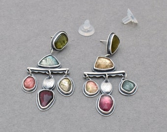 Multi Color Tourmaline Chandelier Earrings. One of a Kind Handmade Sterling Silver and Gemstone Earrings. Designer Earrings.