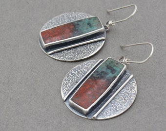 Sonoran Sunrise Earrings. Textured Silver Stone and Circle Disc Earrings. Modern Southwestern Vibe. Handmade Unique Jewelry.