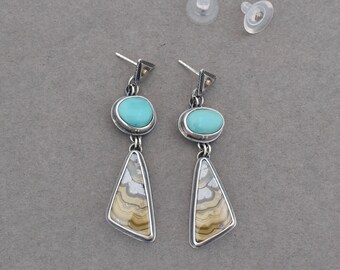 Turquoise and Metallic Schalenblende Post Dangle Earrings. OOAK Geometric Dangle Earrings. Unique Stone and Sterling Silver Drop Earrings.