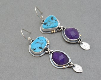 Turquoise and Amethyst Dangle Earrings. Colorful Stone Drop Earrings. Lightweight. Handmade Silver Jewelry.