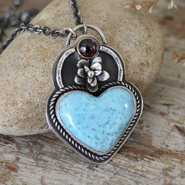 Larimar Heart Floral Necklace. Feminine Blue Larimar Garnet Flower Pendant Necklace. Artisan Sterling Silver Jewelry.