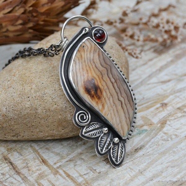 Petrified Wood Necklace. Long Sterling Silver Stone Necklace. Fossilized Wood Garnet Leaf Pendant Necklace. Statement Jewelry. Neutral.