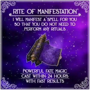 Puede incluir: Un rollo morado y dorado con el texto "RITE OF MANIFESTATION" y "I WILL MANIFEST A SPELL FOR YOU SO THAT YOU DO NOT NEED TO PERFORM ANY RITUALS" sobre un fondo morado con estrellas blancas.