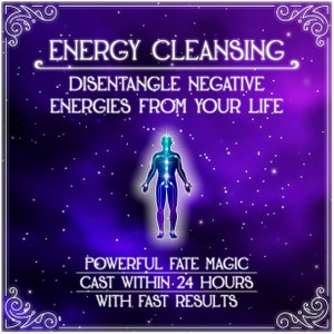 Puede incluir: Un fondo de galaxia púrpura y azul con un contorno blanco de una figura humana con puntos de energía brillantes. El texto dice "ENERGY CLEANSING", "DISENTANGLE NEGATIVE ENERGIES FROM YOUR LIFE", "POWERFUL FATE MAGIC", "CAST WITHIN 24 HOURS", y "WITH FAST RESULTS".