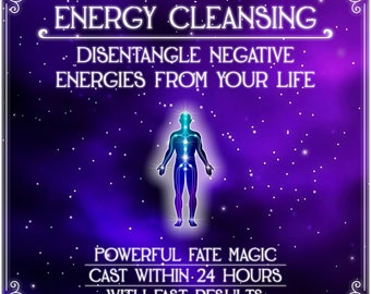 Può includere: Uno sfondo di galassia viola e blu con un contorno bianco di una figura umana con punti di energia luminosi. Il testo recita "ENERGY CLEANSING", "DISENTANGLE NEGATIVE ENERGIES FROM YOUR LIFE", "POWERFUL FATE MAGIC", "CAST WITHIN 24 HOURS" e "WITH FAST RESULTS".