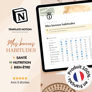 Peut inclure: Un modèle Notion pour suivre les bonnes habitudes. Le modèle est conçu pour aider les utilisateurs à développer des habitudes saines dans les domaines de la santé, de la nutrition et du bien-être. Le modèle comprend un suivi hebdomadaire avec des cases à cocher pour chaque jour de la semaine. Le modèle est noté 5 étoiles et est 100% français.