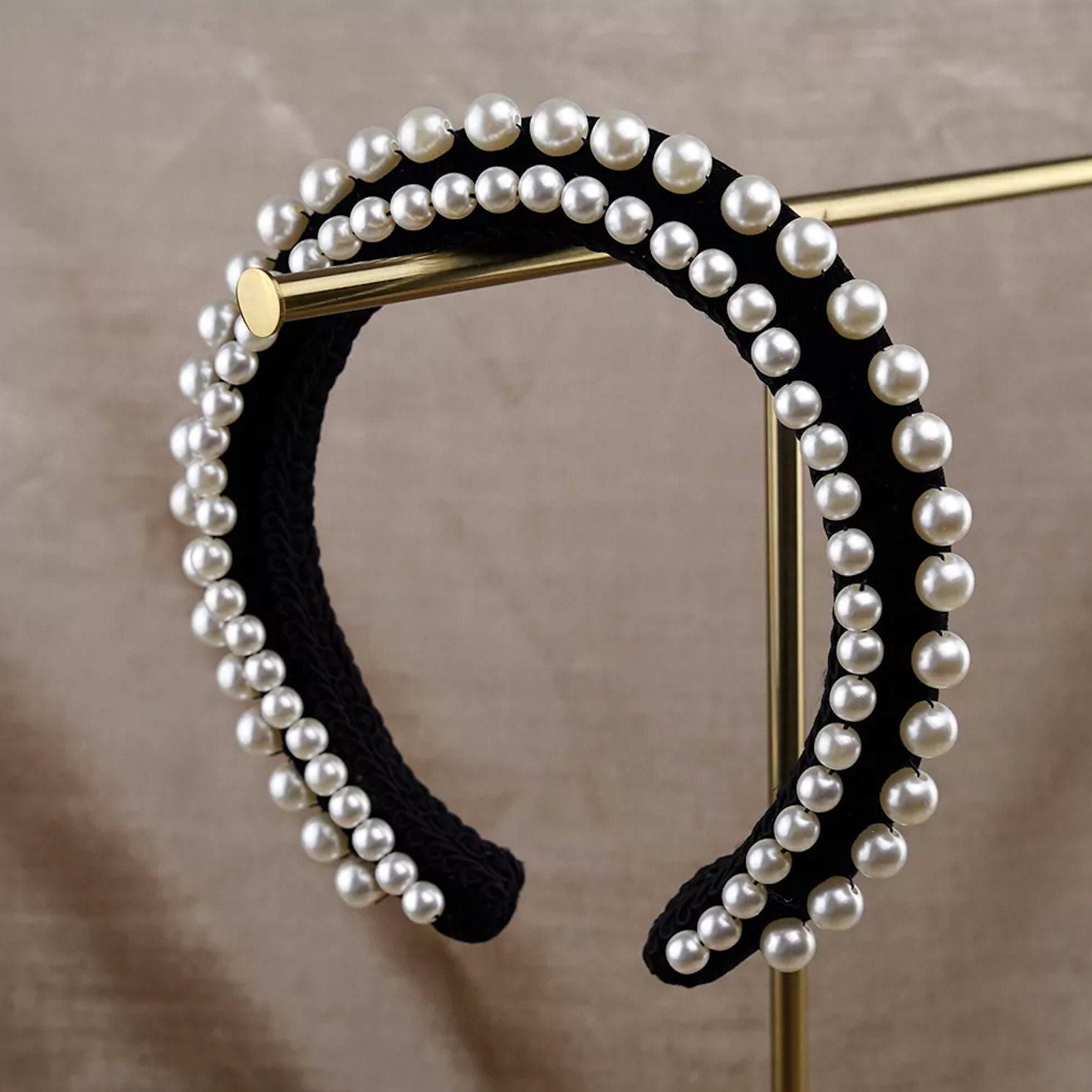 New black velvet and pearl , stones headband black-velvet-wrapped-pearl-  main image 3