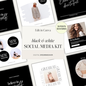 60 Black & White Instagram Posts Stories Bundle | Minimalist Social Media Templates | Editable Canva Templates for Influencers and Brands