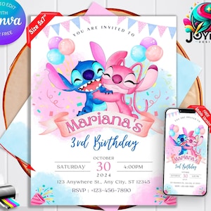 Invito di compleanno Stitch e Angel: modello modificabile e stampabile - Bellissimo invito per il compleanno del tuo piccolo, modificabile in Canva