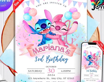 May include: A printable invitation for a 3rd birthday party featuring Stitch and Angel from the Disney movie Lilo & Stitch. The invitation is pink and blue with confetti and balloons. The text on the invitation reads "You are invited to Mariana's 3rd Birthday, Saturday, October 30, 4:00 PM, 2024, 123 Anywhere St., Any City, ST 12345, RSVP: +123-456-7890".