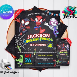 Convite de aniversário do Aranha, modelo editável e imprimível, convite para festa do Aranha e seus amigos incríveis, personalize no Canva, download instantâneo