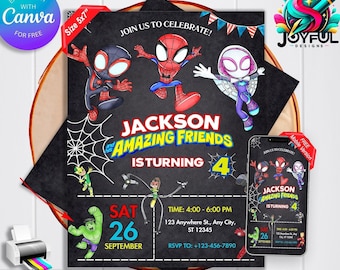 Spidey verjaardagsuitnodiging, bewerkbare en afdrukbare sjabloon, Spidey en zijn geweldige vrienden feestuitnodiging, aanpassen in Canva, direct downloaden