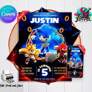 Invitation d'anniversaire Sonic : modèle modifiable et imprimable | Invitation à la fête Sonic l’hérisson | Modification facile dans Canva | Téléchargement instantané