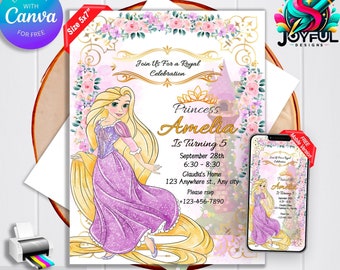 Rapunzel Birthday Invitation | Editable - Printable Template | Princess Party Invite, Instant Download & Easy to Edit with Canva