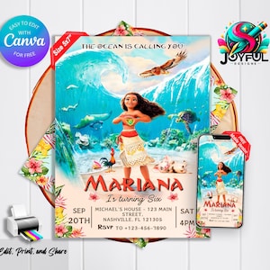 Invitation d’anniversaire Moana | Modèle modifiable et imprimable | Charmante invitation à la fête Moana | Facile à modifier avec Canva | Téléchargement instantané