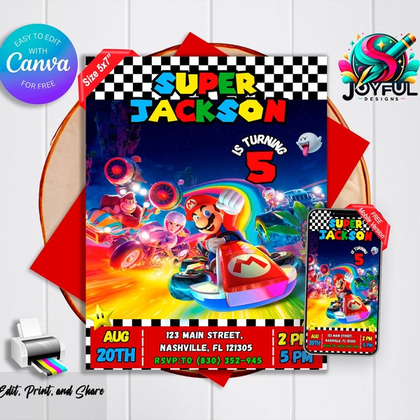 Super Mario Kart Birthday Invitation | Editable & Printable Template | Mario Bros Theme Party Invite | Instant Download - Edit in Canva