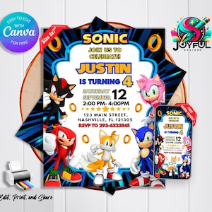 Sonic verjaardagsuitnodiging | Bewerkbare en afdrukbare sjabloon | Sonic the Hedgehog-feestuitnodiging | Gemakkelijk te bewerken in Canva | Directe download