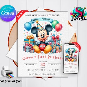Invitation d'anniversaire de Mickey Mouse | Modèle modifiable et imprimable | Aquarelle Mickey Party Inviter | Facile à modifier dans Canva | Téléchargement instantané