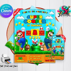 Mario Bros Geburtstagseinladung | Bearbeitbare und druckbare Vorlage | Super Mario Bros Party Einladung | Einfache Bearbeitung in Canva | Sofortdownload