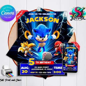 Invito di compleanno di Sonic | Modello modificabile e stampabile | Invito alla festa di Sonic the Hedgehog | Modifica facile in Canva | Download immediato