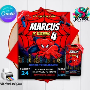 Invito di compleanno di Spider-Man | Modello modificabile e stampabile | Divertente invito alla festa di Spider-Man | Modifica facile in Canva | Download istantaneo