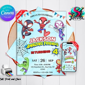 Invito di compleanno di Spidey e i suoi fantastici amici: modello modificabile e stampabile, design premium, personalizzabile in Canva, download immediato