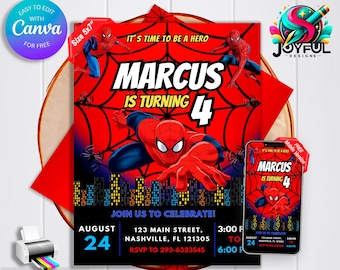May include: A red and blue Spiderman birthday invitation with a black background. The invitation says "It's time to be a hero" and "Marcus is turning 4". The invitation includes a date, time, and location for the party. The invitation also includes a mobile version of the invitation.