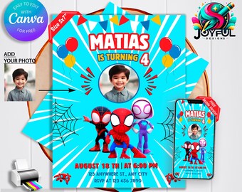 Spidey en zijn geweldige vrienden verjaardagskaart | Bewerkbare en printbare digitale sjabloon met foto-optie | Uitnodiging voor een kinderfeestje - Canva