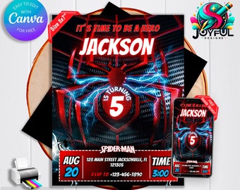 May include: A red and blue Spiderman themed birthday invitation for a 5 year old boy. The invitation features a close-up of Spiderman's mask with lightning bolts and the text "It's time to be a hero". The invitation also includes the boy's name, Jackson, and the date and time of the party. The invitation is 12.7x17.8 cm.