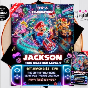 Puede incluir: Una vibrante invitación con personajes de Mario Kart corriendo en una pista iluminada con neón. El diseño incluye el texto "JACKSON HAS REACHED LEVEL 9" con detalles del evento. También se muestra una versión móvil.